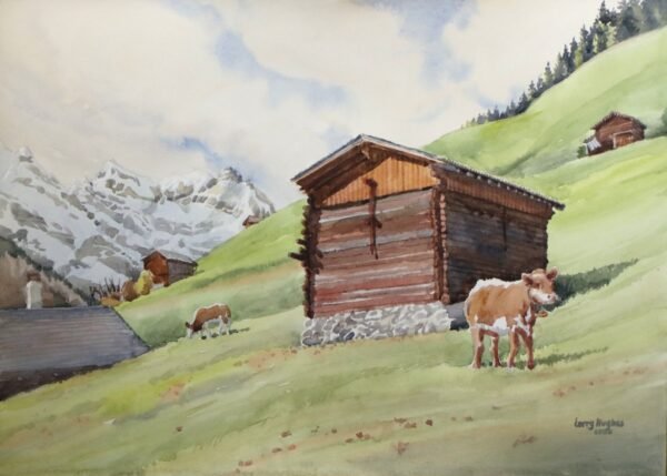 2025 Gimmewald Impression no.3 – The Cows Came Home (plein air), watercolor, 14×10
