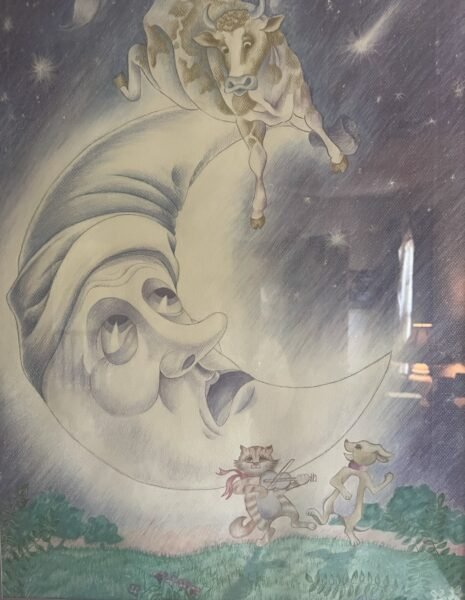 Pencil drawing of Cow jumps over the moon